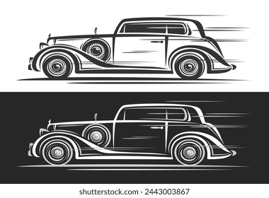 Vector logo for Vintage Car, horizontal decorative automotive banners with simple contour illustration of elegant historic car in moving, art design monochrome exotic car on black and white background