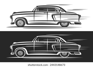 Vector logo for Vintage Car, horizontal decorative banners with simple contour illustration of elegant historic car in moving, art design monochrome exotic expensive car on black and white background