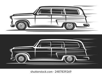 Vector logo for Vintage Estate Car, automotive decorative banner with contour illustration of monochrome concept estate car in moving, running clip art long station wagon on black and white background