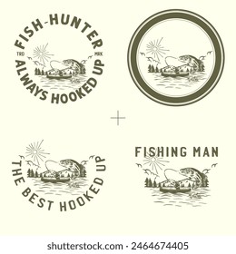 Vector Logo Vintage Man Fishing Illustration