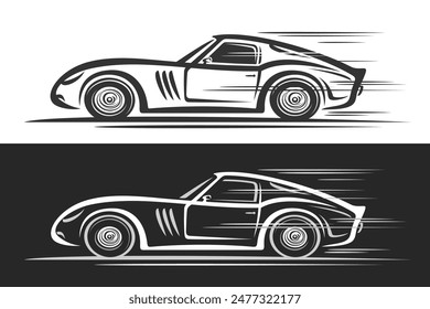 Vector logo for Vintage Sport Car, horizontal automotive banners with simple contour illustration of monochrome small concept car in moving, decorative running sporty car on black and white background