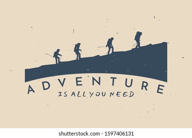 Vector logo in vintage style. Ancient paper with scratches. Travel concept of discovering, exploring and observing nature. Hiking. Travelers climb with backpack and travel walking sticks.