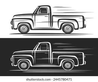 Vector logo for Vintage Truck, horizontal decorative banners with contour clip art illustration of us historic truck in motion, line design monochrome old cargo truck on black and white background