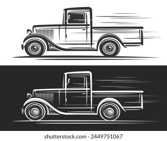 Logo de Vector para Antiguas Truck, Anuncio decorativo Horizontal con ilustración de contorno simple de camión vintage americano monocromo en movimiento, camioneta retro dibujada a mano sobre fondo blanco y negro