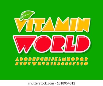 Logotipo vectorial Vitamina World con hoja decorativa. Fuente abstracta brillante. Juego de letras y números de alfabeto amarillo creativo