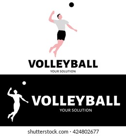 Vector logo volleyball. Bouncing a volleyball player hits a ball over a volleyball net