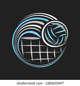 Vector logo for Volleyball, decorative badge with volleyball ball flying on trajectory in goal above net on dark background, sports chalk sketch on blackboard.