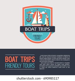 Vector logo, logo. Walking on the sea on a yacht. Boat trips. Boat, lighthouse and anchor.