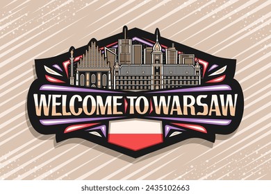 Vector logo for Warsaw, black decorative signage with illustration of famous european warsaw city scape on nighttime sky background, line art design refrigerator magnet with words welcome to warsaw