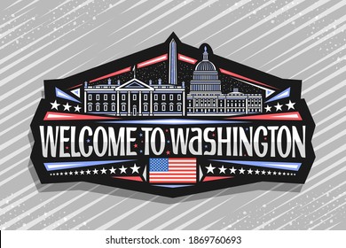 Vector logo for Washington, black decorative label with illustration of famous washington city scape on dusk sky background, art design fridge magnet with unique letters for word welcome to washington