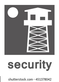 Vector logo of a watchtower and a full moon on a white background with the word security in grey text underneath