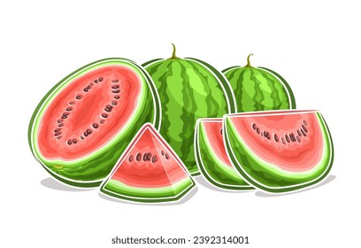 Vector logo for Watermelon, decorative horizontal poster with outline illustration of watermelon composition, cartoon design fruity print with chopped watermelon parts with grains on white background