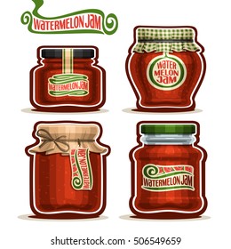 Vector logo Watermelon Jam in Jars with paper cover lid, rustic Pot home made watermelon jams, twine rope bow, homemade fruit jam jar, farm jelly pot with label, checkered cloth cap, isolated on white