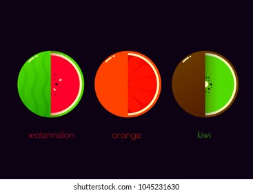 Vector logo of watermelon, oragne and kiwi on black background