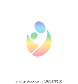 Vector logo wearing baby in sling. Rainbow logotype man hugging child. Sling, parenthood and breastfeeding logotype