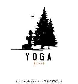 Vector logo where abstract image of a person sitting in a meditation position. yoga logo with tree.