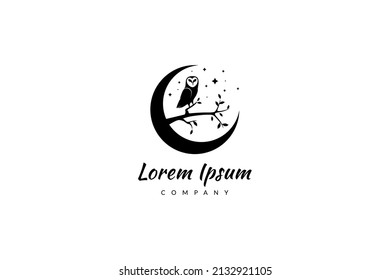 Vector logo where an owl perches on a tree branch on a crescent moon background and sparkling stars.