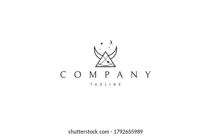 Vector logo in which an abstract image of an alchemical symbol with a triangle and an inverted moon and starry skies above them.
