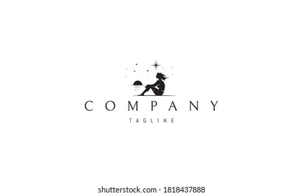Vector logo in which an abstract image of a girl sitting on the beach against a sunset background.
