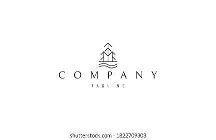 Vector logo in which an abstract image of a forest house on the river in the form of the letter M.