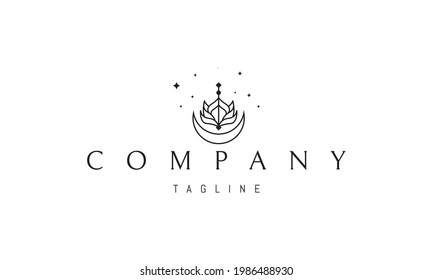 Vector logo in which an abstract image of the moon with a flower above it on a background of stars.