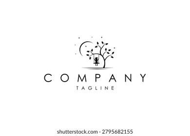 Vector logo in which an abstract image of a little girl playing on a swing under a tree and enjoying the night atmosphere decorated with the moon and stars