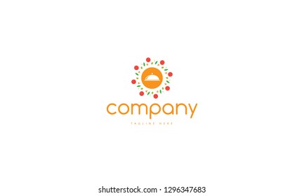 A vector logo which depicts a tray with a dish around which depicts a variety of Mediterranean food.