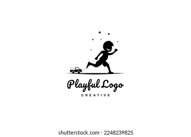 Vector logo which a silhouette image of little boy playing with toy car