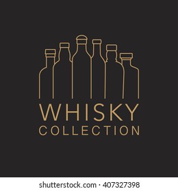 Vector Logo For Whisky Bar, Restaurant, Shop, Tasting Event. Line Style Elements For Whiskey Design.  Advertising Poster. Style Illustration For Beverage Package Label, Brochure, Drink Menu.