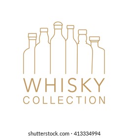 Vector Logo For Whisky Bar, Restaurant, Shop, Tasting Event. Line Style Elements For Whiskey Design.  Advertising Poster. Style Illustration For Beverage Package Label, Brochure, Drink Menu.