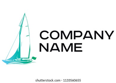 Vector logo of white boat drawn with simple green lines 