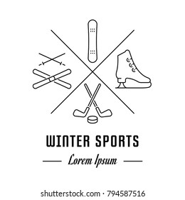 Vector logo winter sports. Hipster emblem, label or banner for winter sports. Line sign with elements. Concept brand.