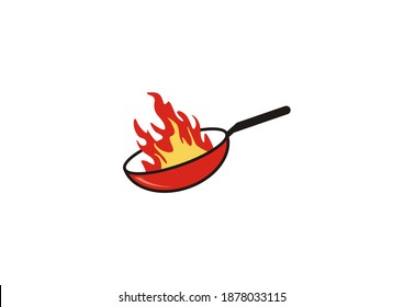 Logo vectorial de la olla de trabajo y del fuego mientras cocina