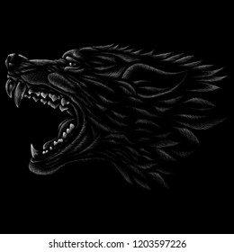 The Vector logo wolf or dog for T-shirt design or outwear.  Hunting style wolf or dog background.