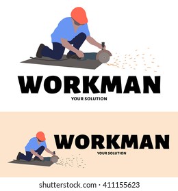 Vector logo working man. Grinder worker cuts a sheet of iron