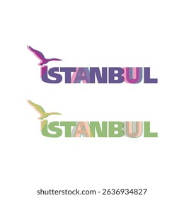 Vector logo works of Istanbul with ferry, bridge and seagull.