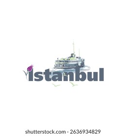 Vector logo works of Istanbul with ferry, bridge and seagull.