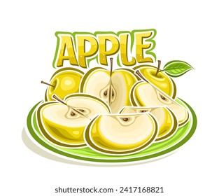 Vector logo for Yellow Apple, decorative horizontal poster with outline illustration of apple composition with green leaves, cartoon design fruity print with chopped apples parts on white background