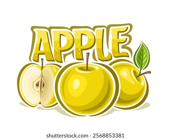 Vector logo for Yellow Apple, decorative horizontal poster with outline illustration of apple composition with green leaf, cartoon design print with yellow chopped apple with seed on white background