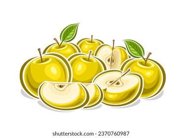 Vector logo for Yellow Apples, decorative horizontal poster with outline illustration of golden apple fruity composition, fruit print with chopped juicy yellow apples with seeds and green leaves