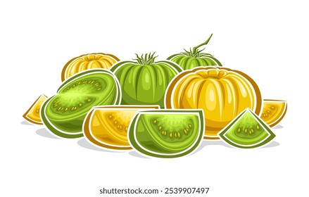 Logo de Vector para tomates amarillos y verdes, cartel Horizontal con diseño de dibujos animados tomate maduro, cartel decorativo con grupo de tomates enteros y picados naturaleza muerta sobre fondo blanco