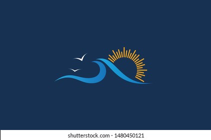 Vector Logo with yellow sun and blue sea waves. Vector logotype