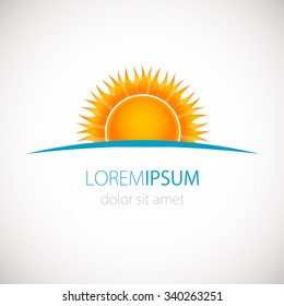 Vector Logo with yellow sun and blue sea waves. Vector logotype