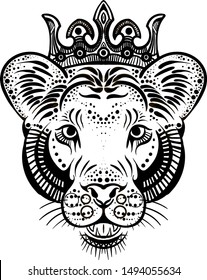 The Vector logo young lioness for tattoo or T-shirt  print design or outwear.  Hunting style lion background.