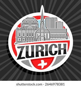 Logotipo vetorial para Zurique, etiqueta decorativa branca com ilustração contorno da famosa paisagem histórica da cidade de zurique no fundo do céu do dia, imã de geladeira de design de arte com letras de pincel exclusivo para texto zurique