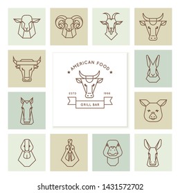 Vector logos of American food, large set of vectors icons of heads of farm animals in a linear style isolated on background.