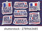 Vector logos for Bastille Day, collection of cut paper signs with illustration of french tricolore, decorative badges set with unique brush lettering for handwritten calligraphy le jour de la bastille
