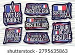 Vector logos for Bastille Day, collection of black vintage tags with illustration of french tricolor, decorative badges set with unique brush lettering for hand written wishes - le jour de la bastille