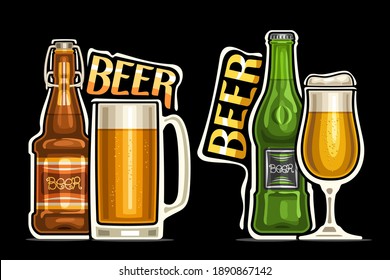 Vector logos for Beer, outline illustrations of brown and green bottles with decorative labels, full mug and glass of beer with froth, unique design lettering for orange words beer on dark background.