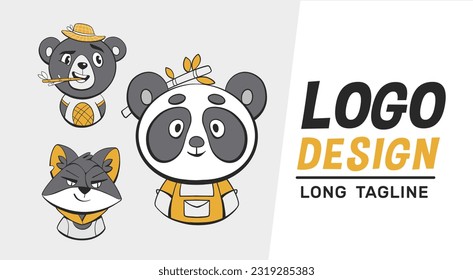 Vector logos with cute animals: panda, bear and fox in cartoon style.